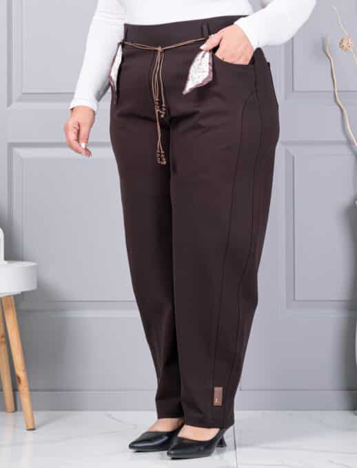 Plus size παντελόνι με σατέν ζώνη-καφέ-κωδ 6046-1