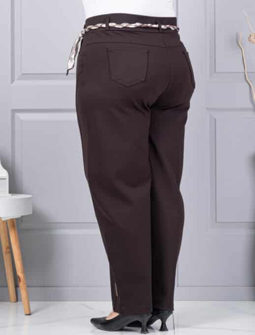Plus size παντελόνι με σατέν ζώνη-καφέ-κωδ 6046-1