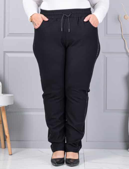 Plus size παντελόνι με πλαϊνή ρίγα με στρας-μαύρο-κωδ 2497-4