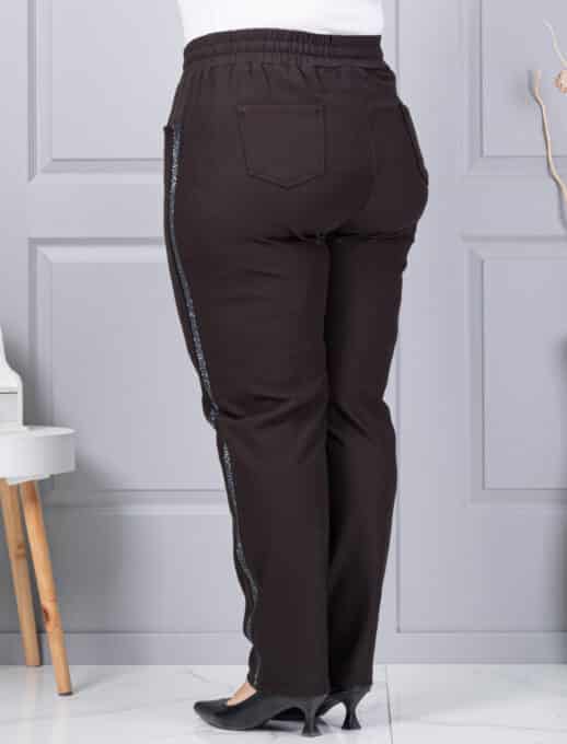 Plus size παντελόνι με πλαϊνή ρίγα με στρας-καφέ-κωδ 2497-5