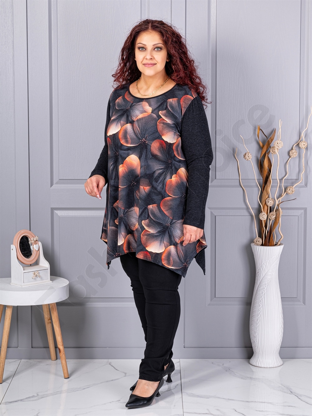 Plus size τουνίκ ανγκόρα φλοράλ-πορτοκαλί-κωδ 26127