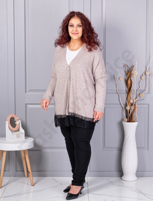 Plus size πλεκτή ζακέτα με δαντέλα-μόκα-κωδ 6923-1