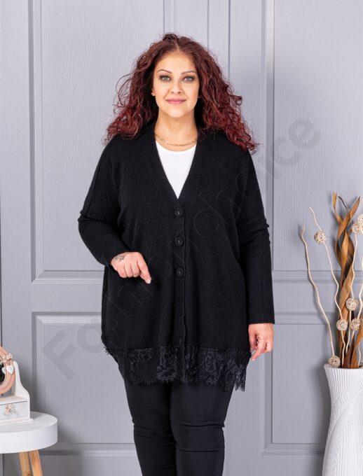 Plus size πλεκτή ζακέτα με δαντέλα-μαύρο-κωδ 6923