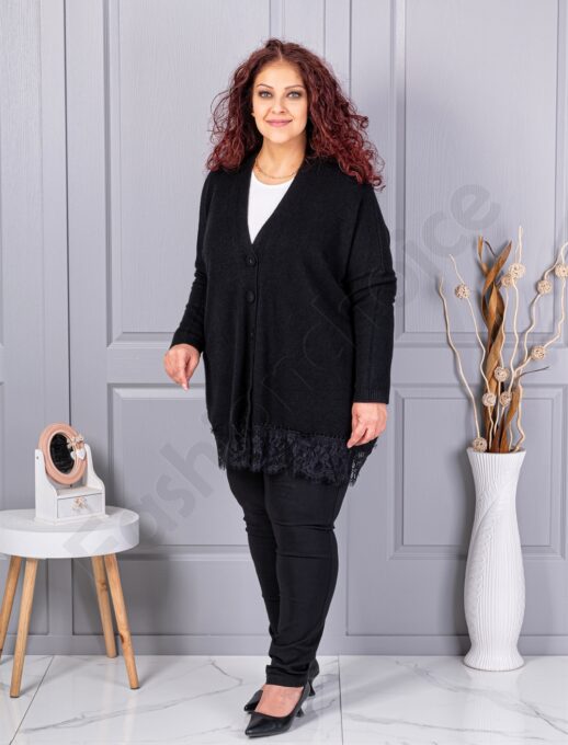 Plus size πλεκτή ζακέτα με δαντέλα-μαύρο-κωδ 6923