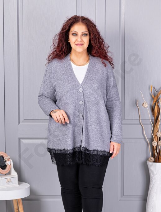 Plus size πλεκτή ζακέτα με δαντέλα-γκρι-κωδ 6923-2