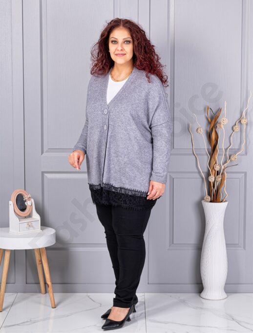 Plus size πλεκτή ζακέτα με δαντέλα-γκρι-κωδ 6923-2