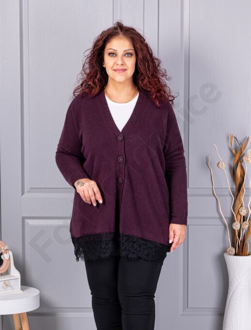 Plus size πλεκτή ζακέτα με δαντέλα-βουργουνδί-κωδ 6923-3