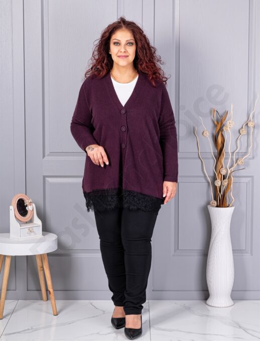 Plus size πλεκτή ζακέτα με δαντέλα-βουργουνδί-κωδ 6923-3