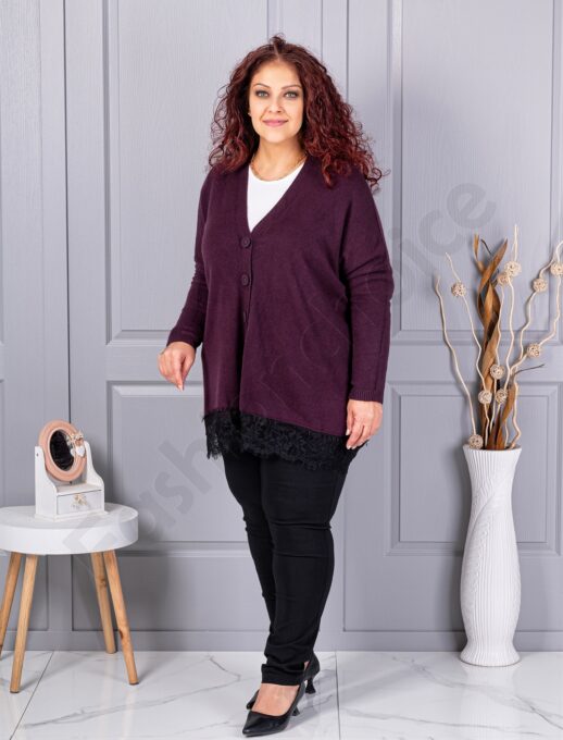 Plus size πλεκτή ζακέτα με δαντέλα-βουργουνδί-κωδ 6923-3