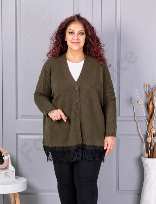 Plus size πλεκτή ζακέτα με δαντέλα-χακί-κωδ 6923-4