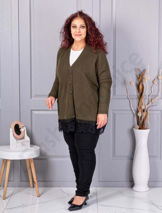 Plus size πλεκτή ζακέτα με δαντέλα-χακί-κωδ 6923-4
