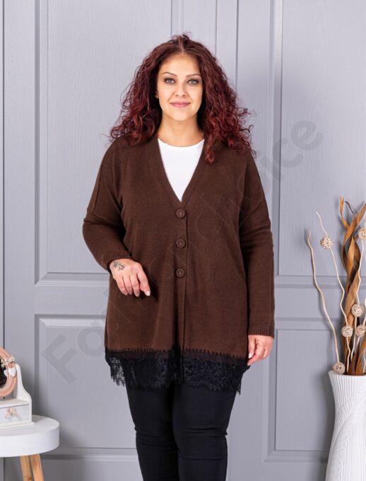 Plus size πλεκτή ζακέτα με δαντέλα-καφέ-κωδ 6923-5
