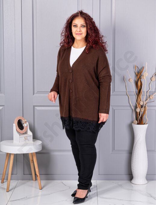 Plus size πλεκτή ζακέτα με δαντέλα-καφέ-κωδ 6923-5