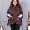 Plus size πλεκτή κάπα με δερμάτινες τσέπες-καφέ-κωδ 6236-2