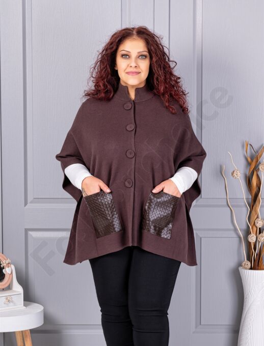 Plus size πλεκτή κάπα με δερμάτινες τσέπες-καφέ-κωδ 6236-2