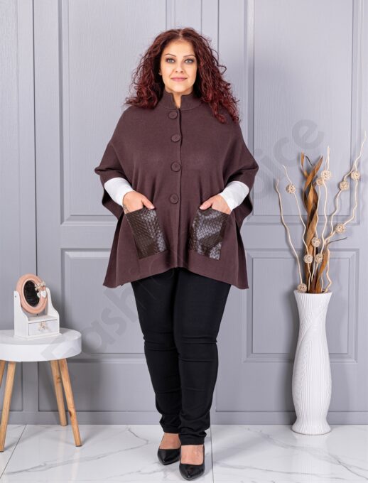 Plus size πλεκτή κάπα με δερμάτινες τσέπες-καφέ-κωδ 6236-2