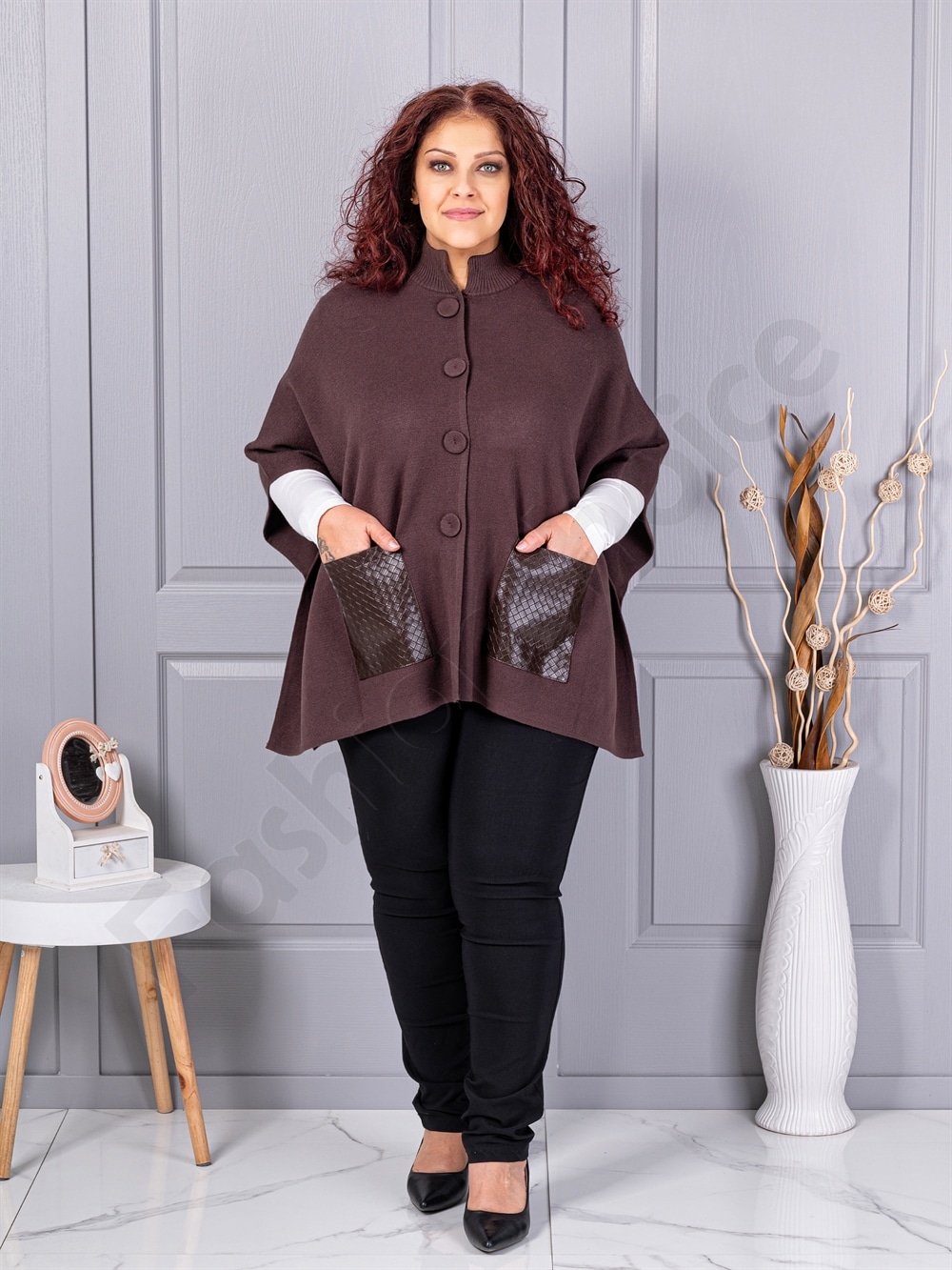 Plus size πλεκτή κάπα με δερμάτινες τσέπες-καφέ-κωδ 6236-2