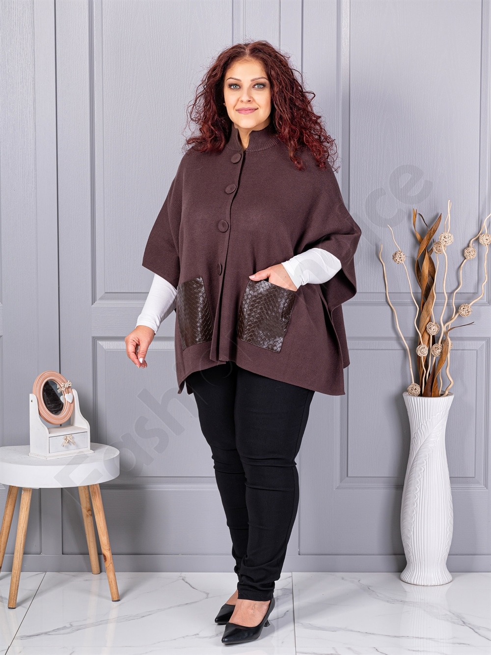 Plus size πλεκτή κάπα με δερμάτινες τσέπες-καφέ-κωδ 6236-2