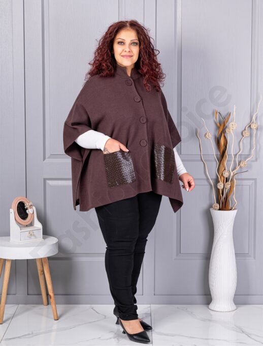 Plus size πλεκτή κάπα με δερμάτινες τσέπες-καφέ-κωδ 6236-2