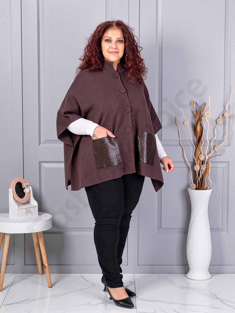 Plus size πλεκτή κάπα με δερμάτινες τσέπες-καφέ-κωδ 6236-2