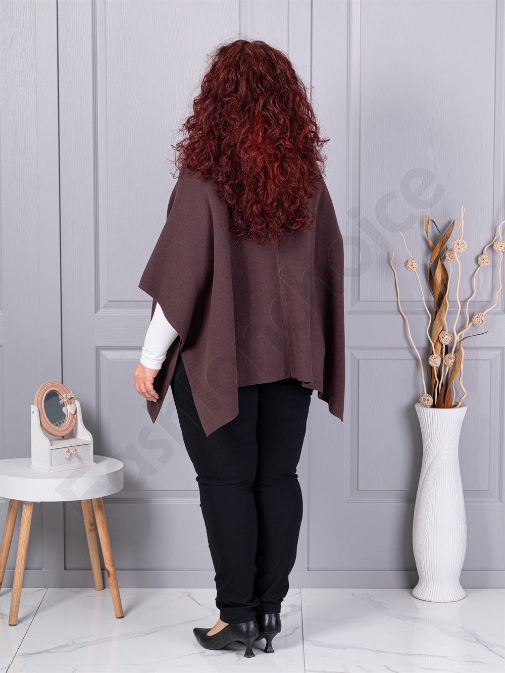 Plus size πλεκτή κάπα με δερμάτινες τσέπες-καφέ-κωδ 6236-2