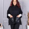 Plus size πλεκτή κάπα με δερμάτινες τσέπες-μαύρο-κωδ 6236