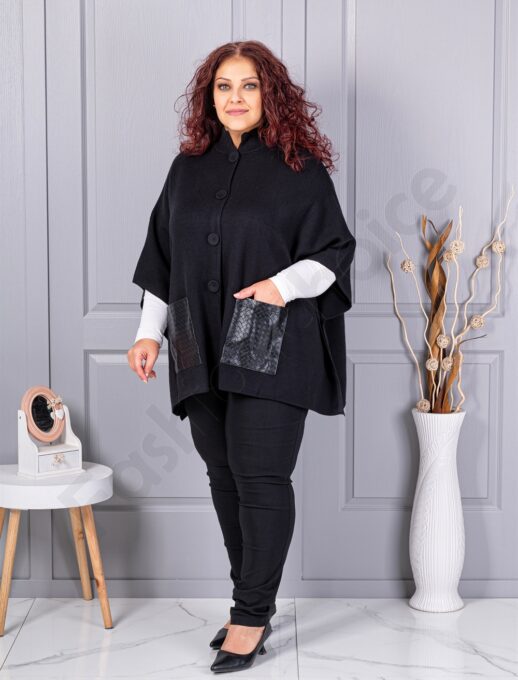 Plus size πλεκτή κάπα με δερμάτινες τσέπες-μαύρο-κωδ 6236