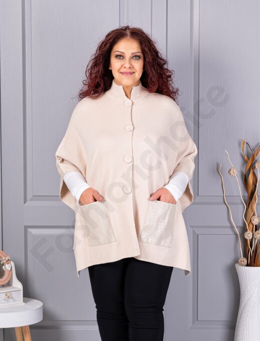 Plus size πλεκτή κάπα με δερμάτινες τσέπες-εκρού-κωδ 6236-1