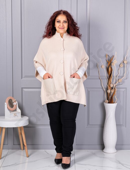 Plus size πλεκτή κάπα με δερμάτινες τσέπες-εκρού-κωδ 6236-1