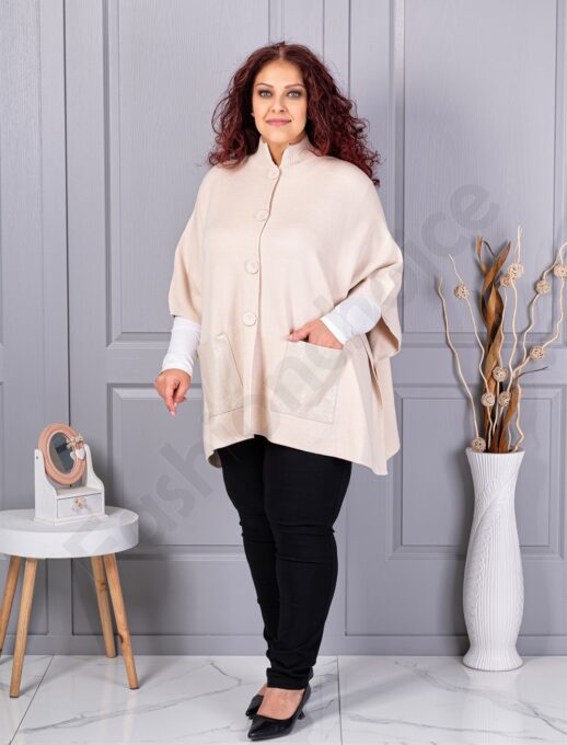 Plus size πλεκτή κάπα με δερμάτινες τσέπες-εκρού-κωδ 6236-1