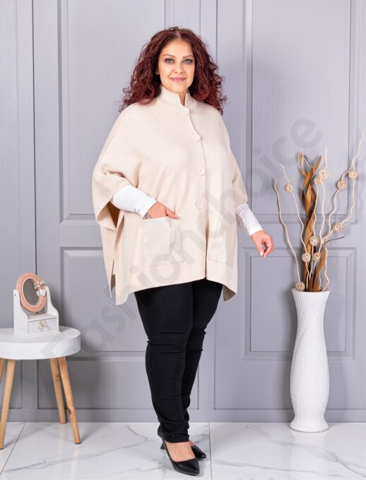 Plus size πλεκτή κάπα με δερμάτινες τσέπες-εκρού-κωδ 6236-1