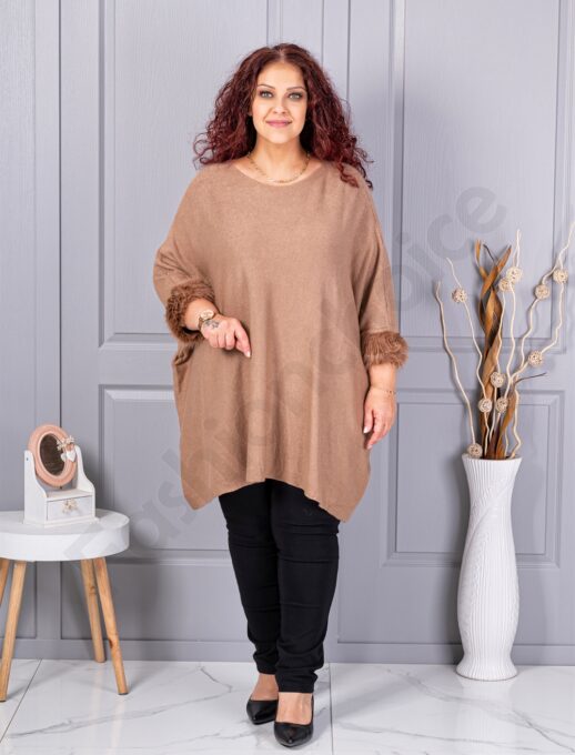Plus size πλεκτή τουνίκ με χνουδωτές μανσέτες-καμηλό-κωδ 252-1