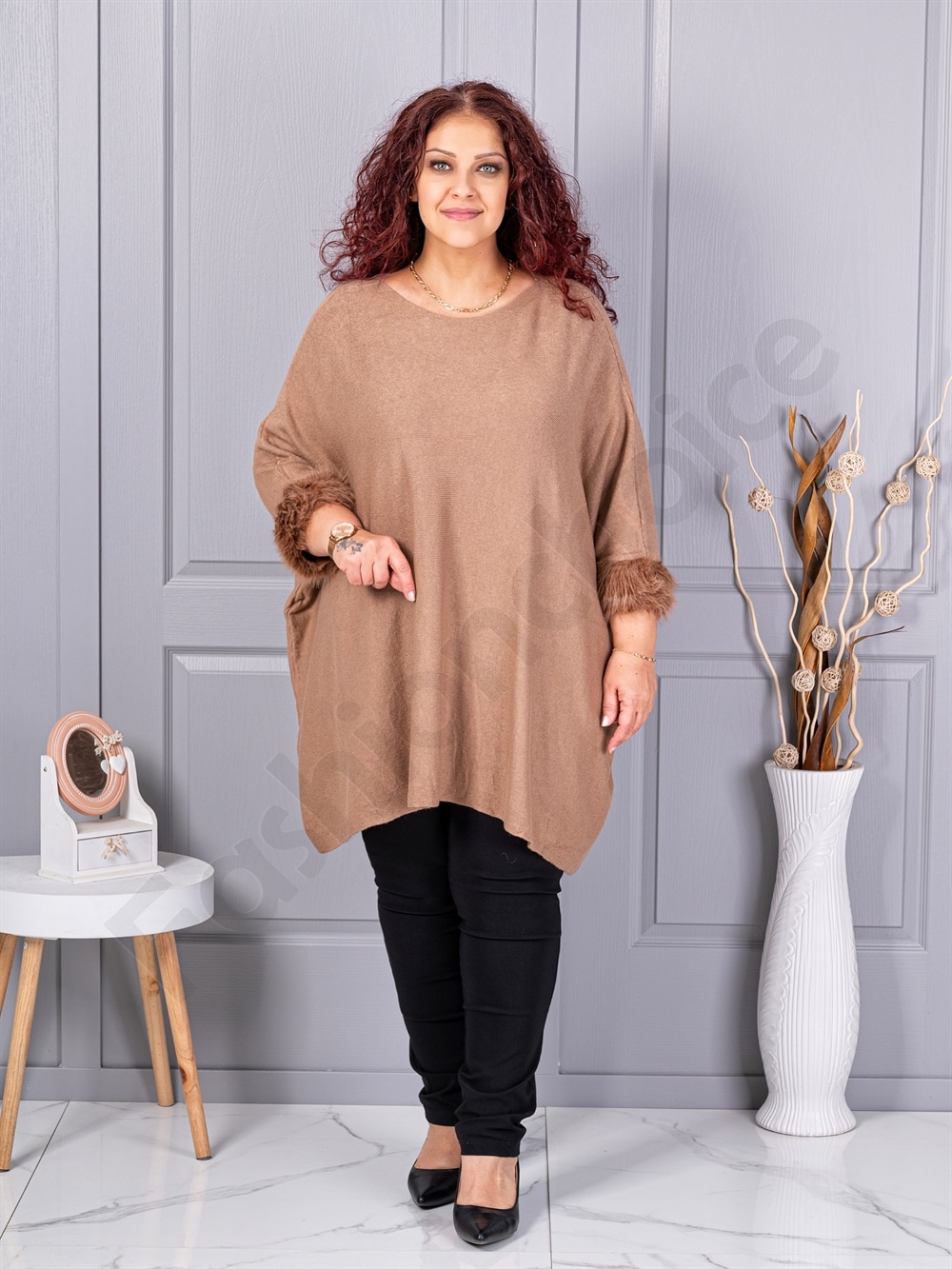 Plus size πλεκτή τουνίκ με χνουδωτές μανσέτες-καμηλό-κωδ 252-1