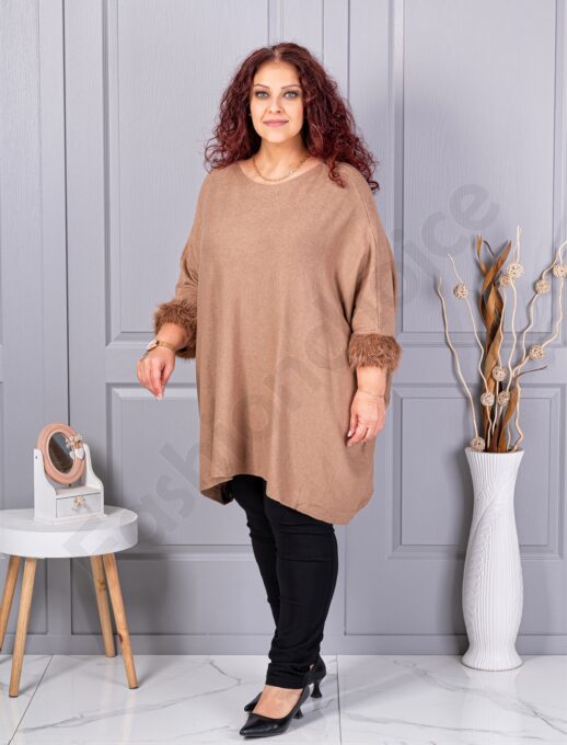 Plus size πλεκτή τουνίκ με χνουδωτές μανσέτες-καμηλό-κωδ 252-1