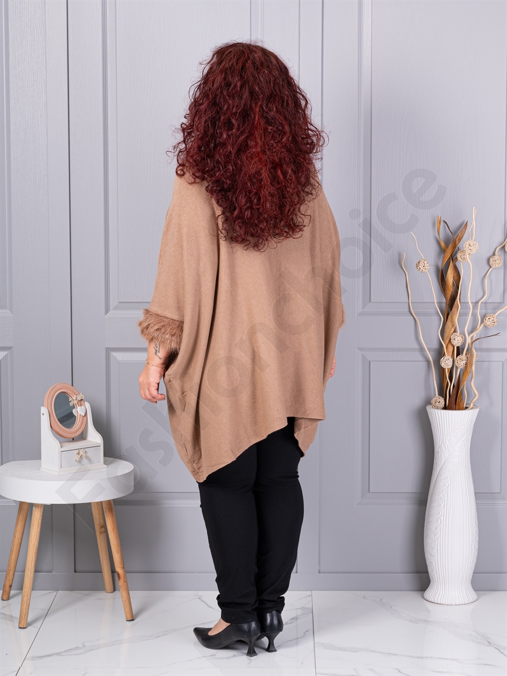 Plus size πλεκτή τουνίκ με χνουδωτές μανσέτες-καμηλό-κωδ 252-1