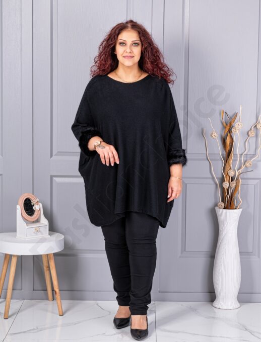 Plus size πλεκτή τουνίκ με χνουδωτές μανσέτες-μαύρο-κωδ 252