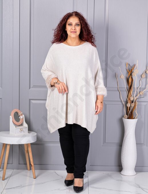 Plus size πλεκτή τουνίκ με χνουδωτές μανσέτες-εκρού-κωδ 252-2