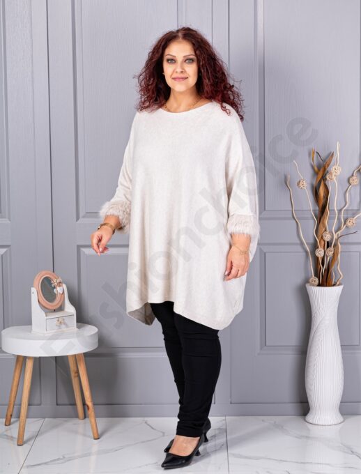 Plus size πλεκτή τουνίκ με χνουδωτές μανσέτες-εκρού-κωδ 252-2