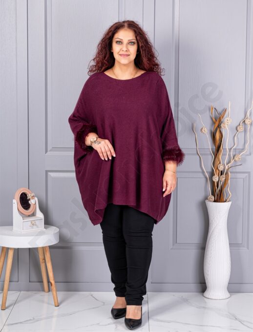 Plus size πλεκτή τουνίκ με χνουδωτές μανσέτες-βουργουνδί-κωδ 252-3