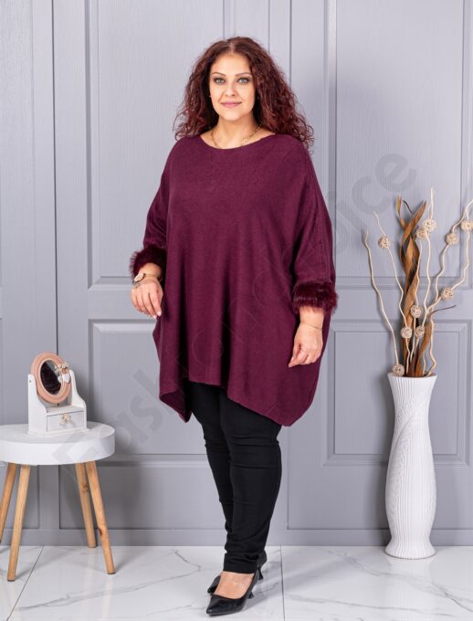 Plus size πλεκτή τουνίκ με χνουδωτές μανσέτες-βουργουνδί-κωδ 252-3