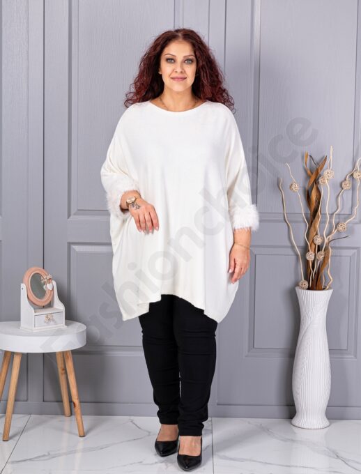 Plus size πλεκτή τουνίκ με χνουδωτές μανσέτες-λευκό-κωδ 252-4