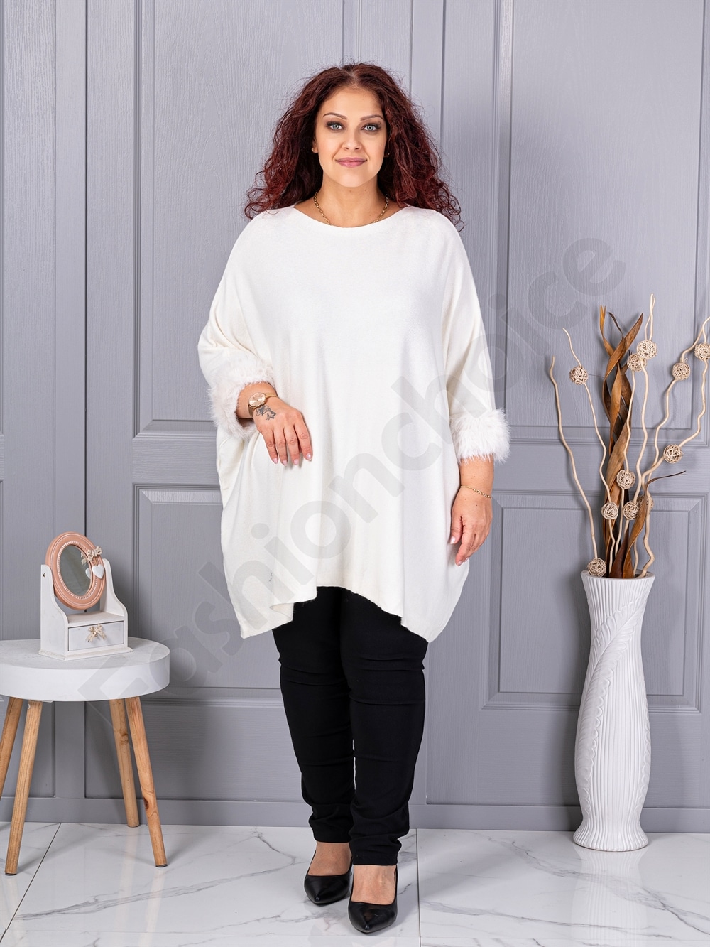 Plus size πλεκτή τουνίκ με χνουδωτές μανσέτες-λευκό-κωδ 252-4