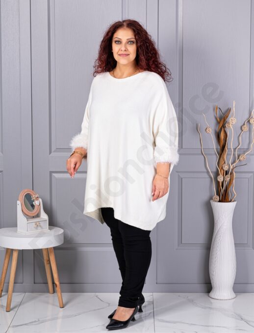 Plus size πλεκτή τουνίκ με χνουδωτές μανσέτες-λευκό-κωδ 252-4
