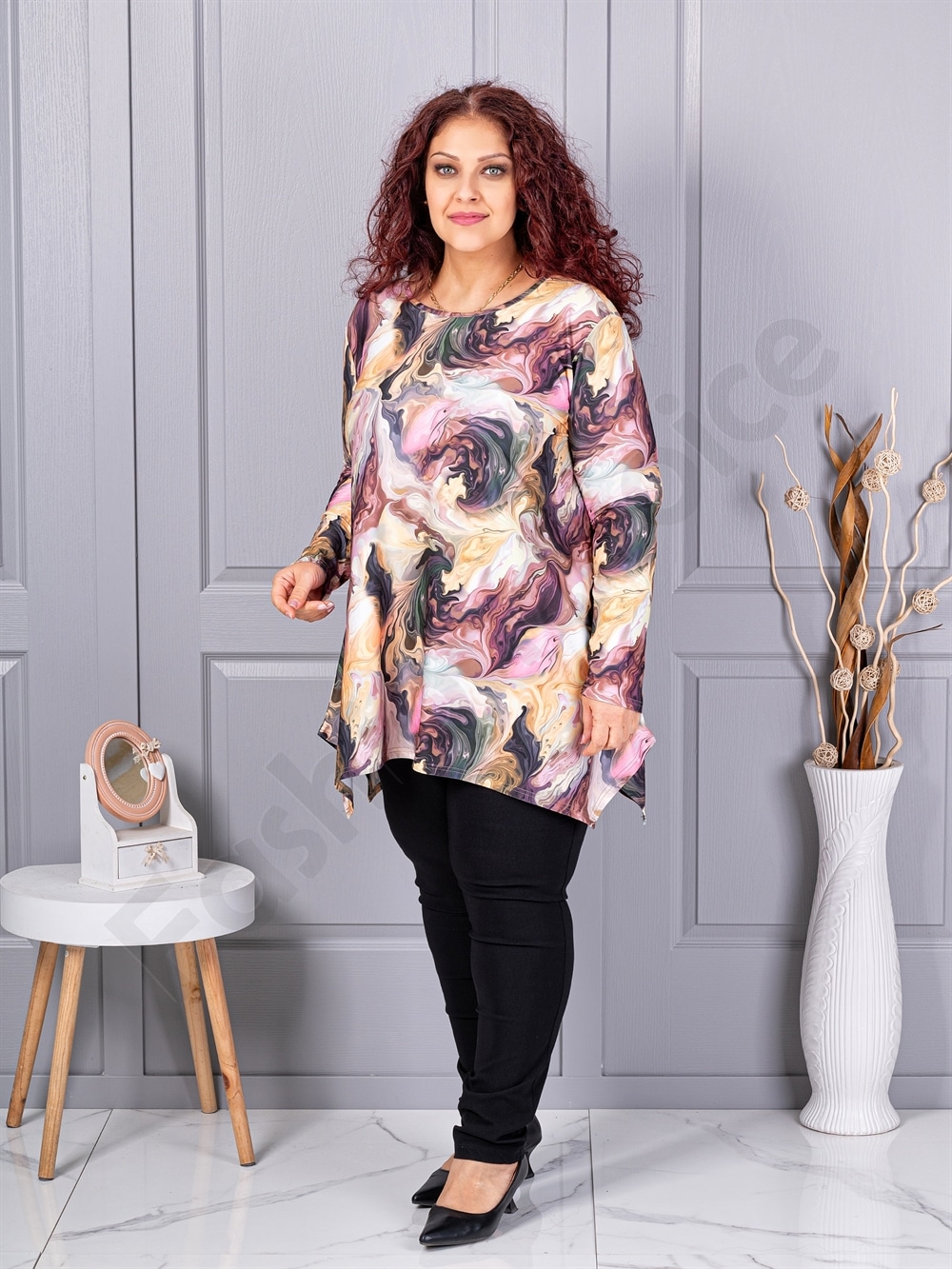 Plus size ασύμμετρη τουνίκ-εκρού/λιλά-κωδ 21018-3