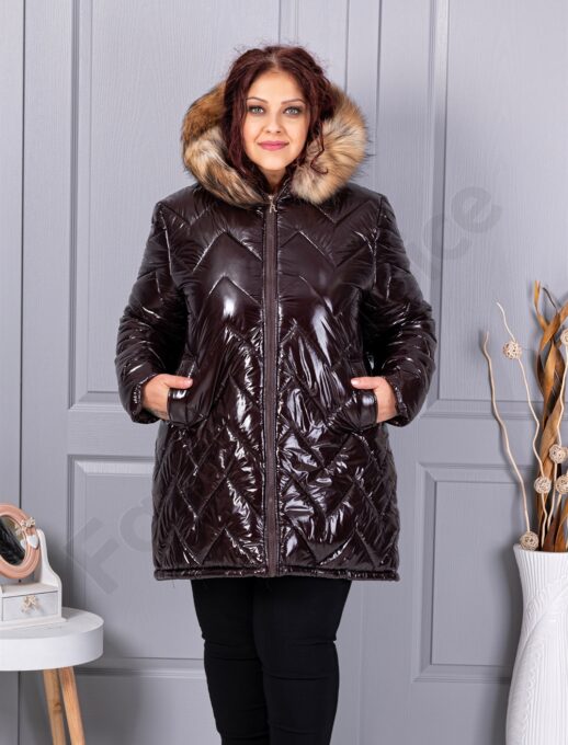 Plus size γυαλιστερό μπουφάν με φυσική γούνα-καφέ-κωδ 26059-2