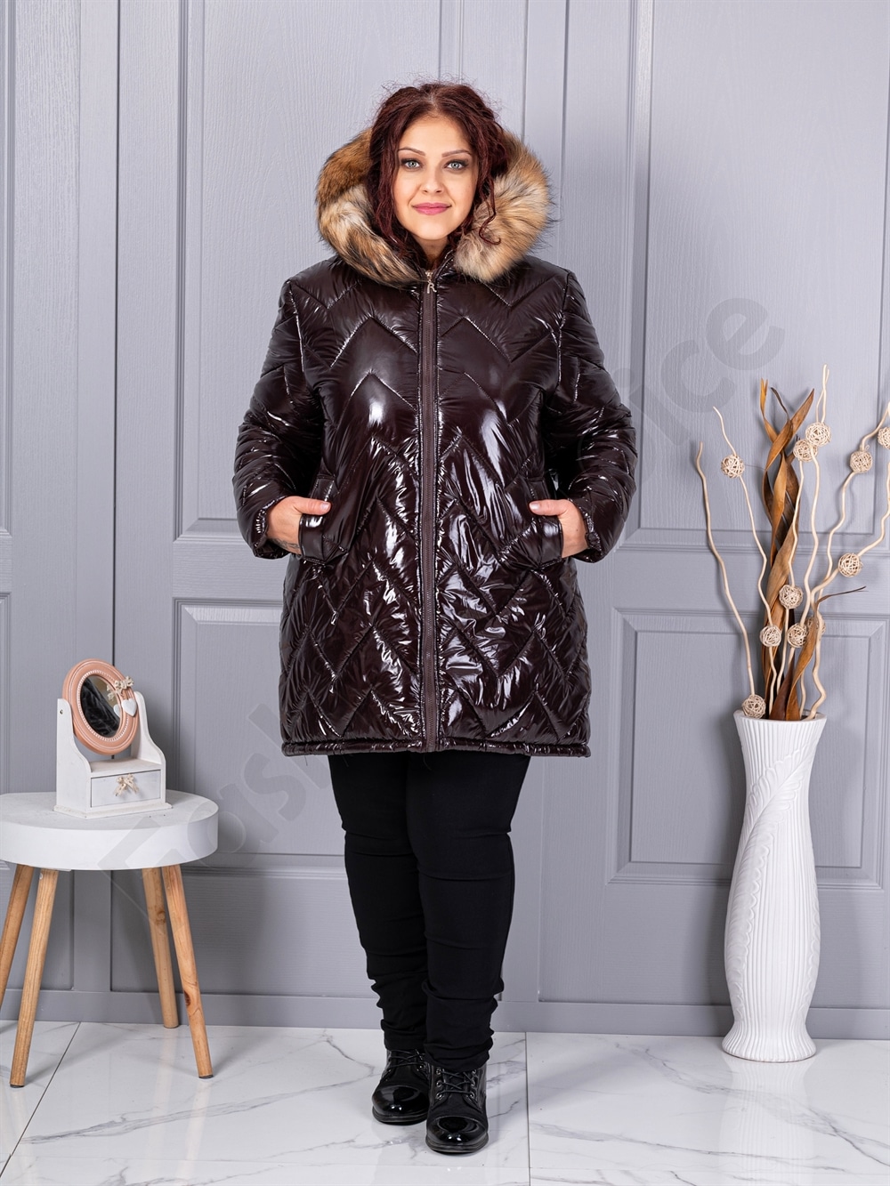 Plus size γυαλιστερό μπουφάν με φυσική γούνα-καφέ-κωδ 26059-2