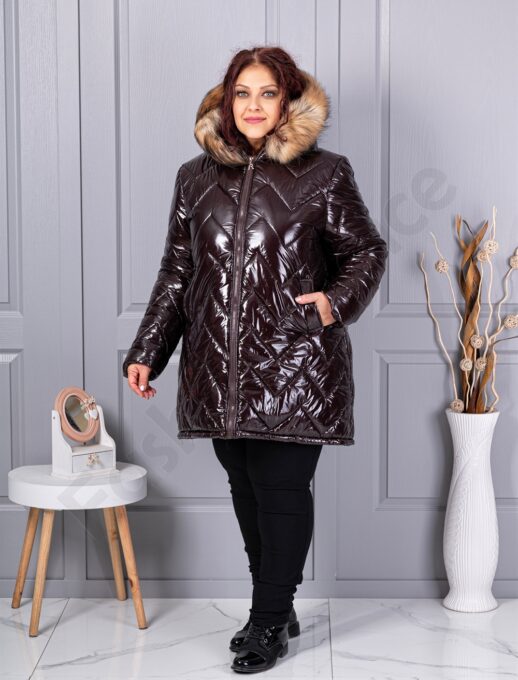Plus size γυαλιστερό μπουφάν με φυσική γούνα-καφέ-κωδ 26059-2