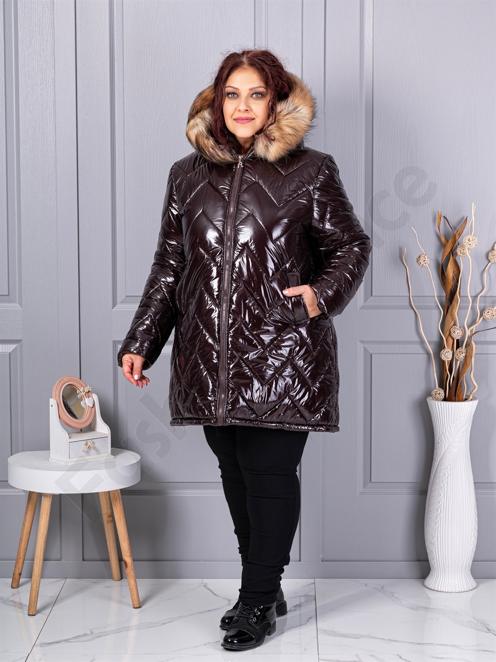 Plus size γυαλιστερό μπουφάν με φυσική γούνα-καφέ-κωδ 26059-2